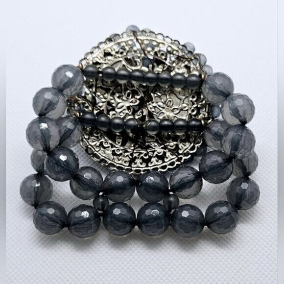 Black Stretch Bracelet with Rhinestones on Smoky Acrylic Beads - Picture 4 of 6